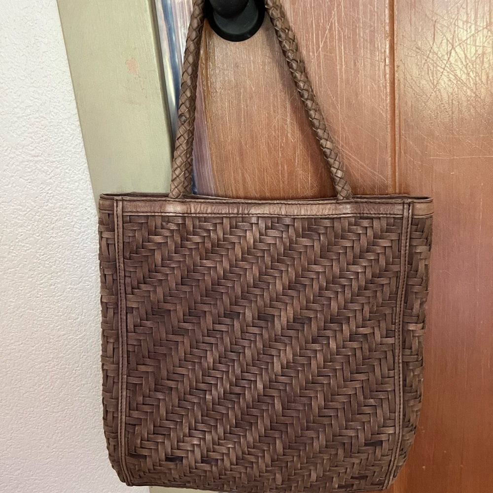 Woven Leather Tote Bag in Dark Brown with Braided Handles